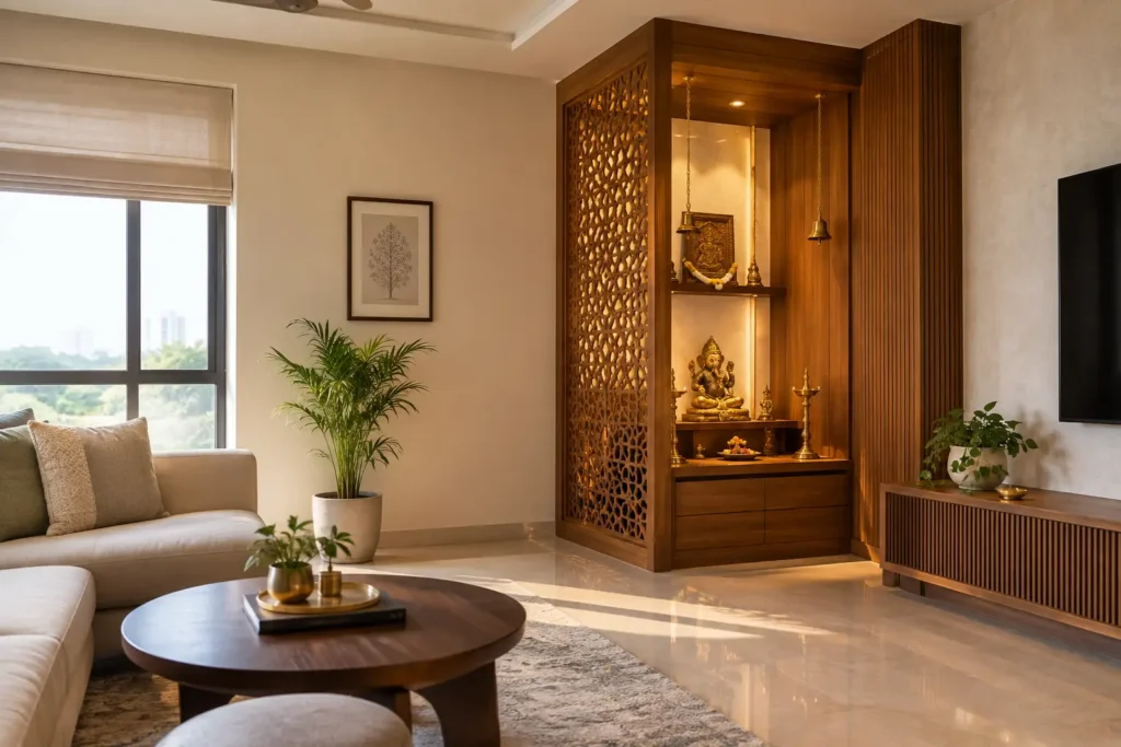 Pooja room designs in hall featuring a screened wooden unit beside a living room sofa.