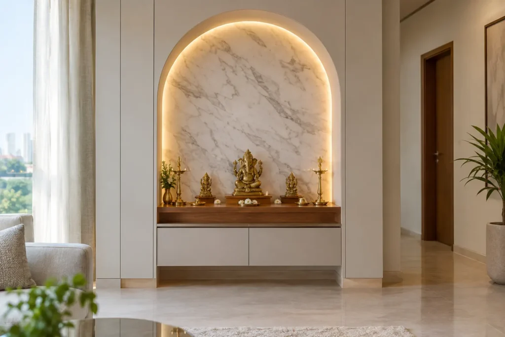 Pooja room designs in wall featuring a marble arch niche in a modern Bangalore home