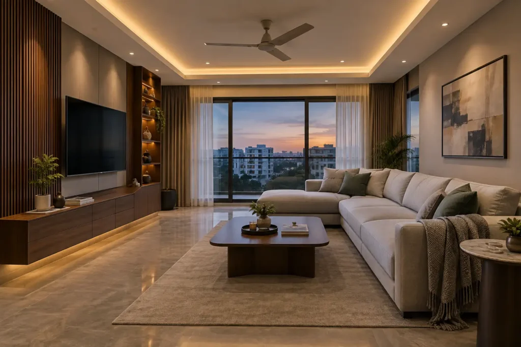 Residential interior designers in Bangalore — luxury living room by Blue Interiors