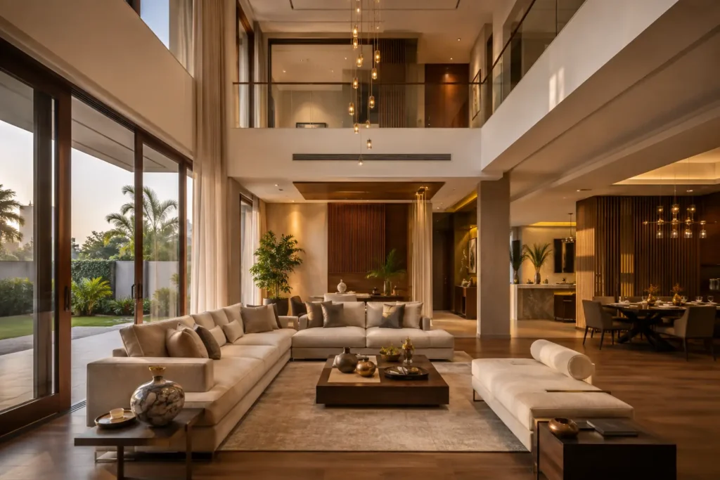 villa interior designers in Bangalore designing an open double height living room