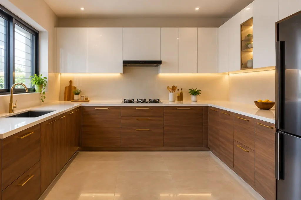 Wooden vs acrylic modular kitchen combination with white upper cabinets and wood-grain lower cabinets in a Bangalore apartment