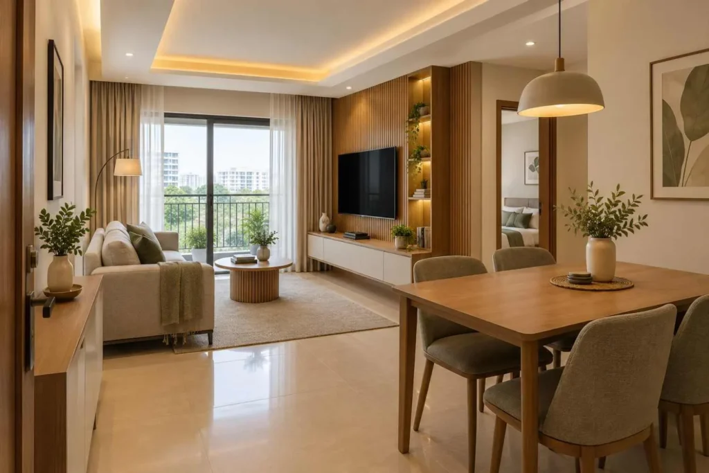 2bhk interior design in Bangalore living and dining area with full-height TV unit and cove-lit false ceiling