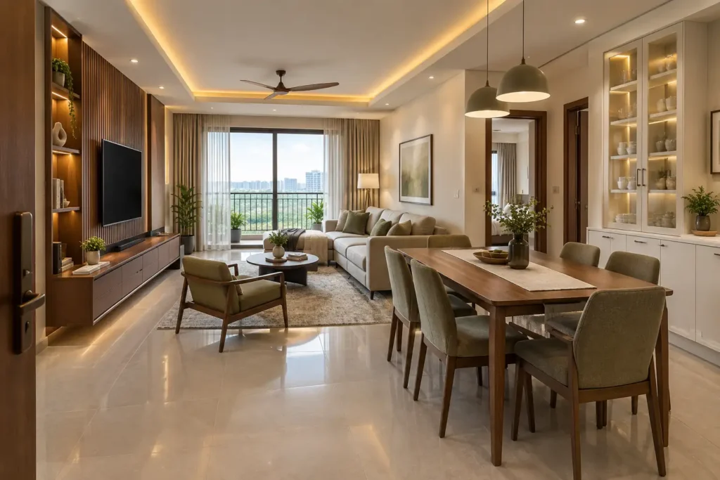 Finished living and dining room showing 2 BHK interior design cost in Bangalore for a premium apartment