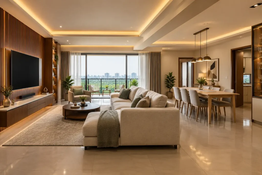 3bhk interior design in Bangalore showing living and dining area with TV unit and cove ceiling