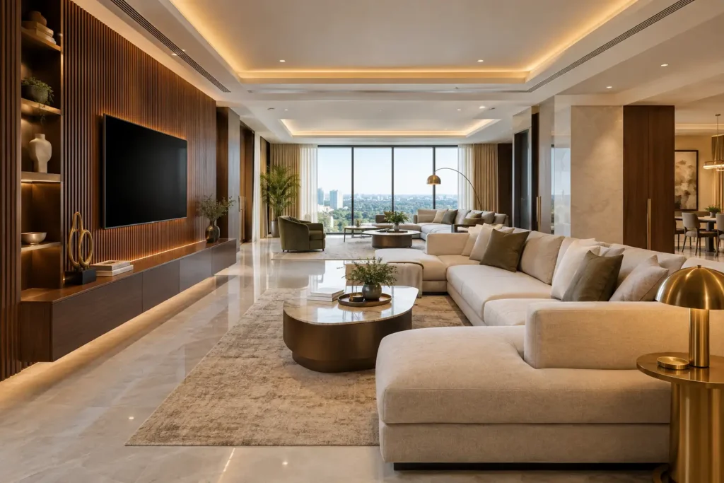 Luxury living and dining area showing 4bhk interior design Bangalore with veneer TV wall and cove ceiling