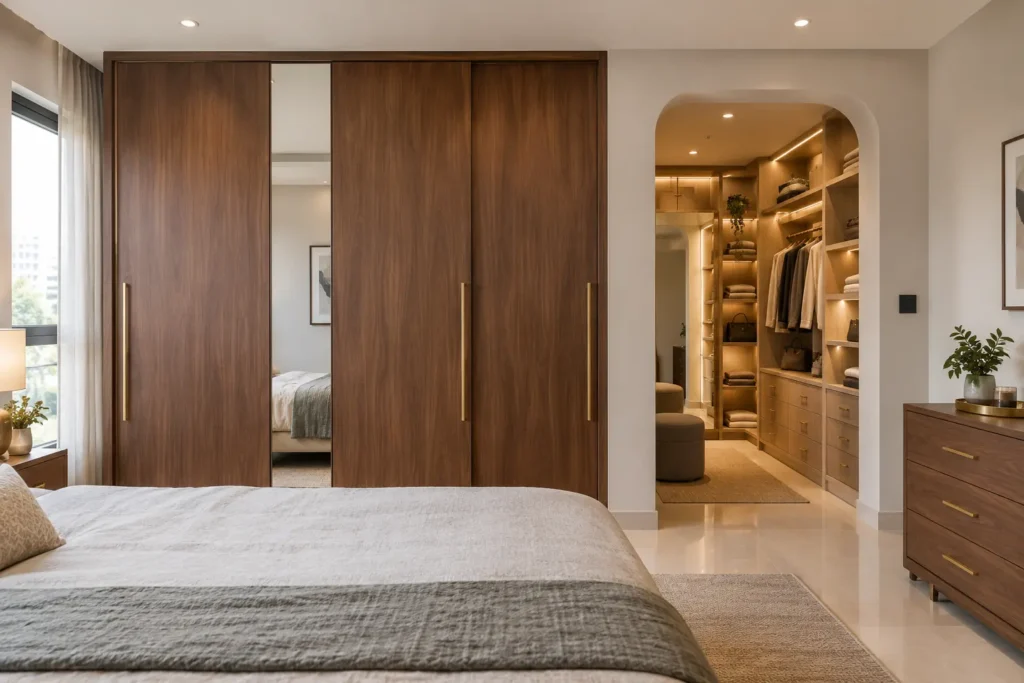 Closets design in a Bangalore apartment bedroom with a sliding wardrobe wall and a compact walk-in closet