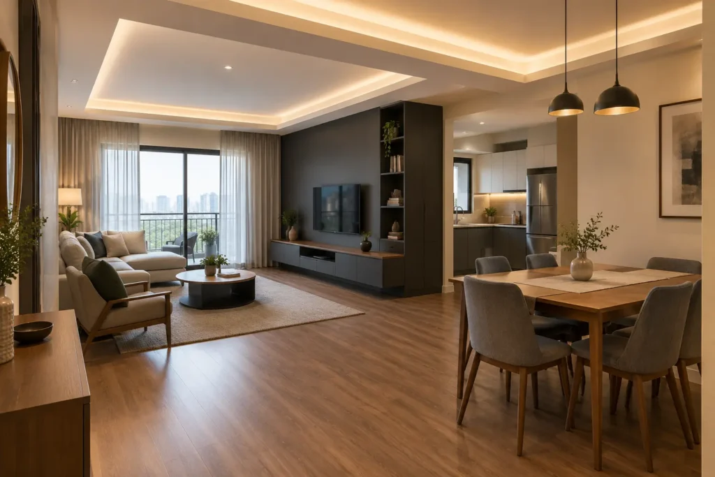 Interior design for flats in Bangalore: open living and dining area with stepped cove ceiling around a beam