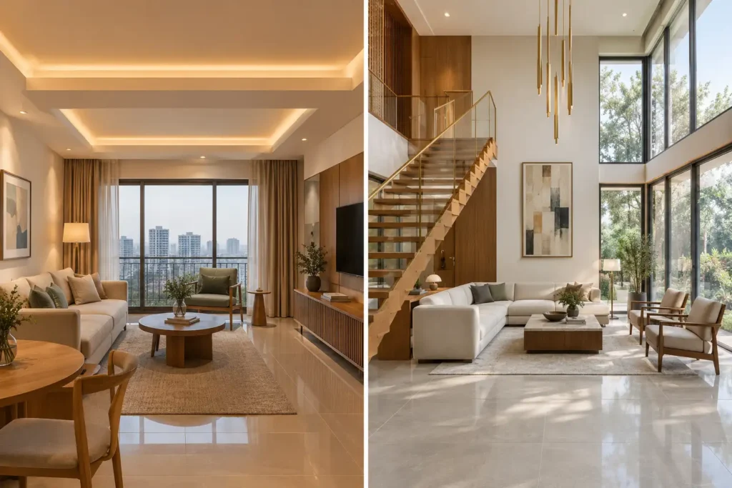 Interior designers in Bangalore for apartments and villas: apartment living room with beam-aware ceiling beside a double-height villa lounge