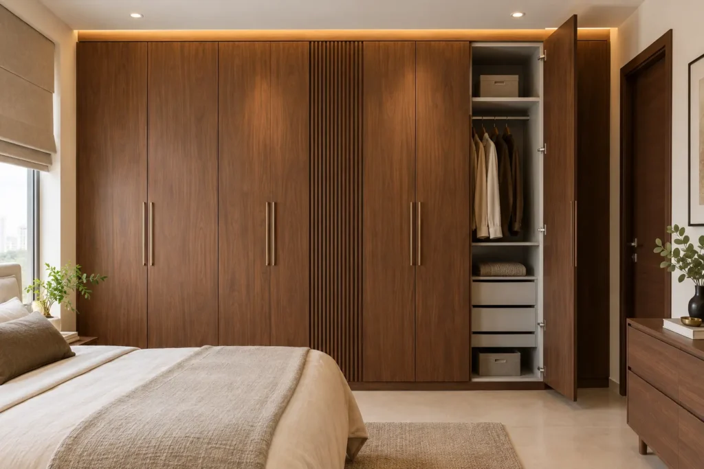 Bedroom wardrobe finished in matte woodgrain laminate sheets for cupboards in a Bangalore apartment