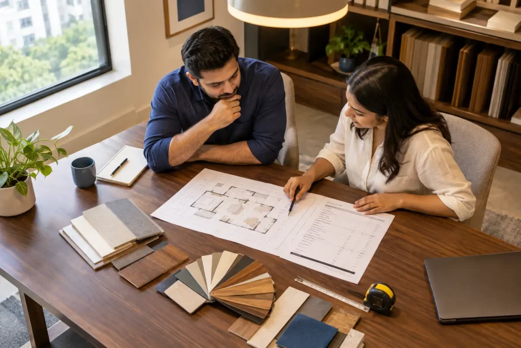 Designer and homeowners reviewing an itemised quotation and floor plan, the first step to top interiors in Bangalore