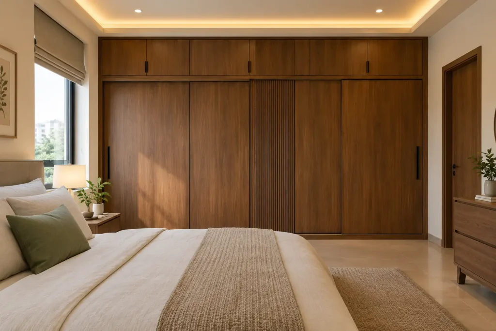 Bedroom wardrobe design in a Bangalore flat with floor-to-ceiling walnut sliding shutters and matching loft