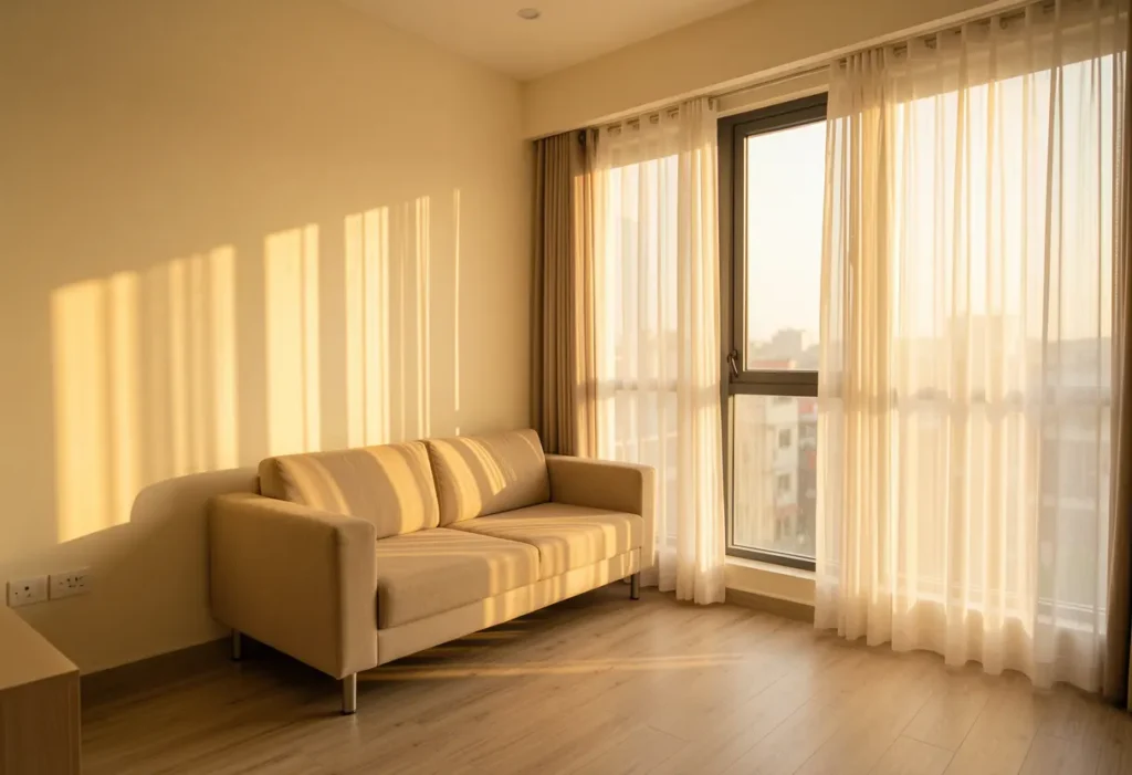 East facing house vastu living room with morning sunlight in Bangalore apartment