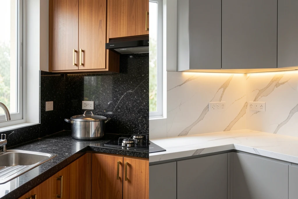 Natural Black Galaxy granite slab placed next to a white engineered quartz slab for Indian kitchen countertop comparison